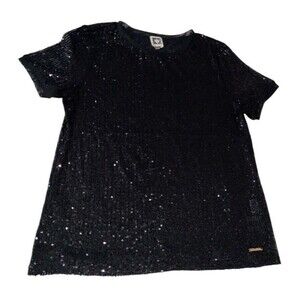 Anne Klein Black Sequin Blouse Women's Medium Disco Shiny Sparkly Top Elegant
